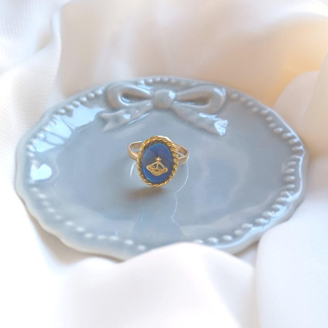 Vintage Style Saturn Oval Ring B (Navy Free Size) (Adjustable Free Size Navy) - 戒指 - 树脂 蓝色