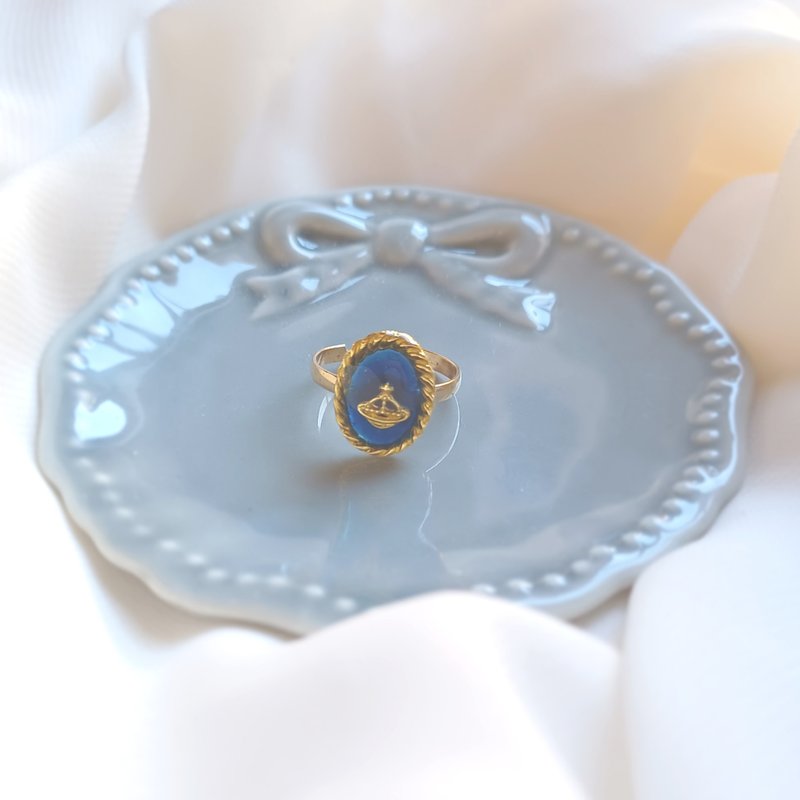 Vintage Style Saturn Oval Ring B (Navy Free Size) (Adjustable Free Size Navy) - 戒指 - 树脂 蓝色