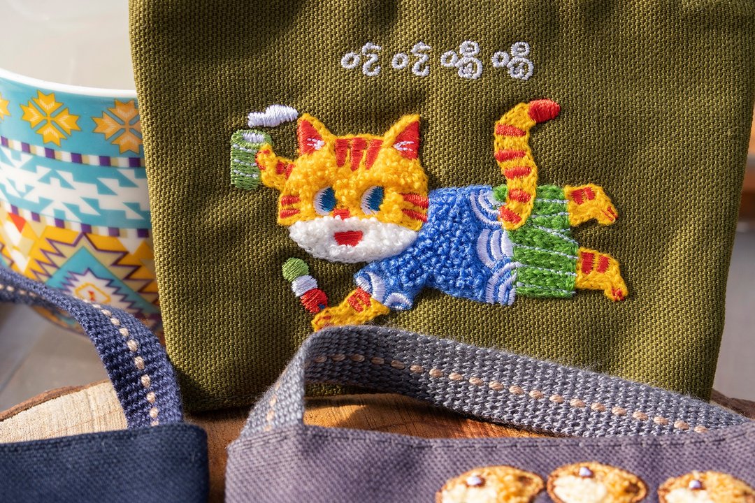 杯套【猫咪】吃喝猫猫 可爱 动物 立体刺绣 刺绣杯套 环保杯套 - 随行杯提袋/水壶袋 - 棉 绿色