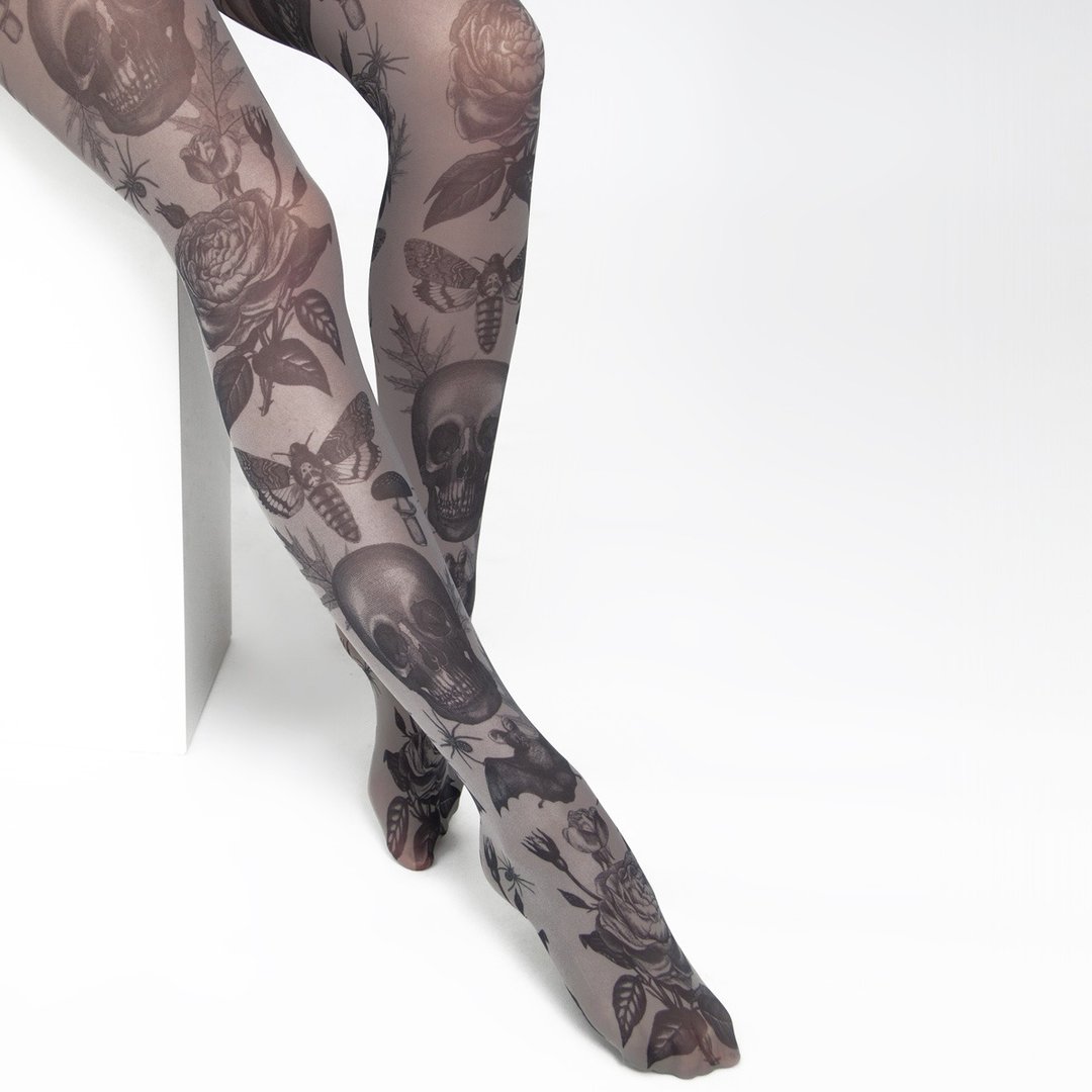 Gothic tights, pagan goth fashion outfit with skulls and roses - 女装内搭/紧身裤 - 尼龙 灰色
