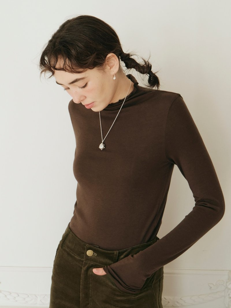 MintCheese 巧克力棕 定番百搭品波浪边半高领天丝羊毛打底衫 - 女装上衣 - 其他材质 咖啡色