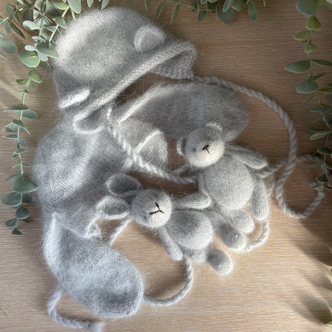 Mini bear toy for a newborn photo shoot, Newborn angora bear bonnet - 玩具/玩偶 - 羊毛 灰色