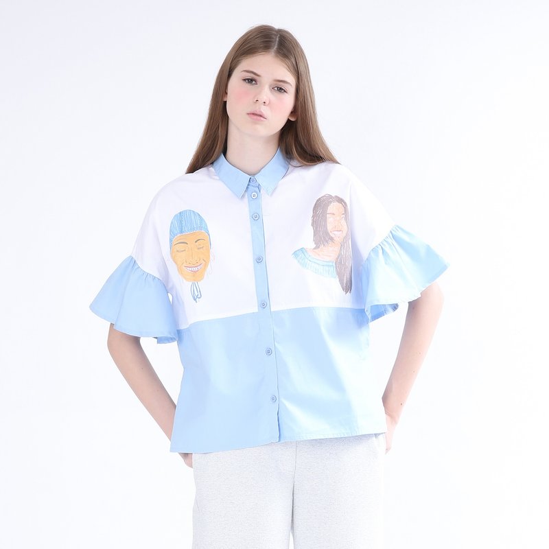 ZIZTAR 小姐们的荷叶边领口衬衫 BWL-S17-007 - 女装上衣 - 棉．麻 蓝色