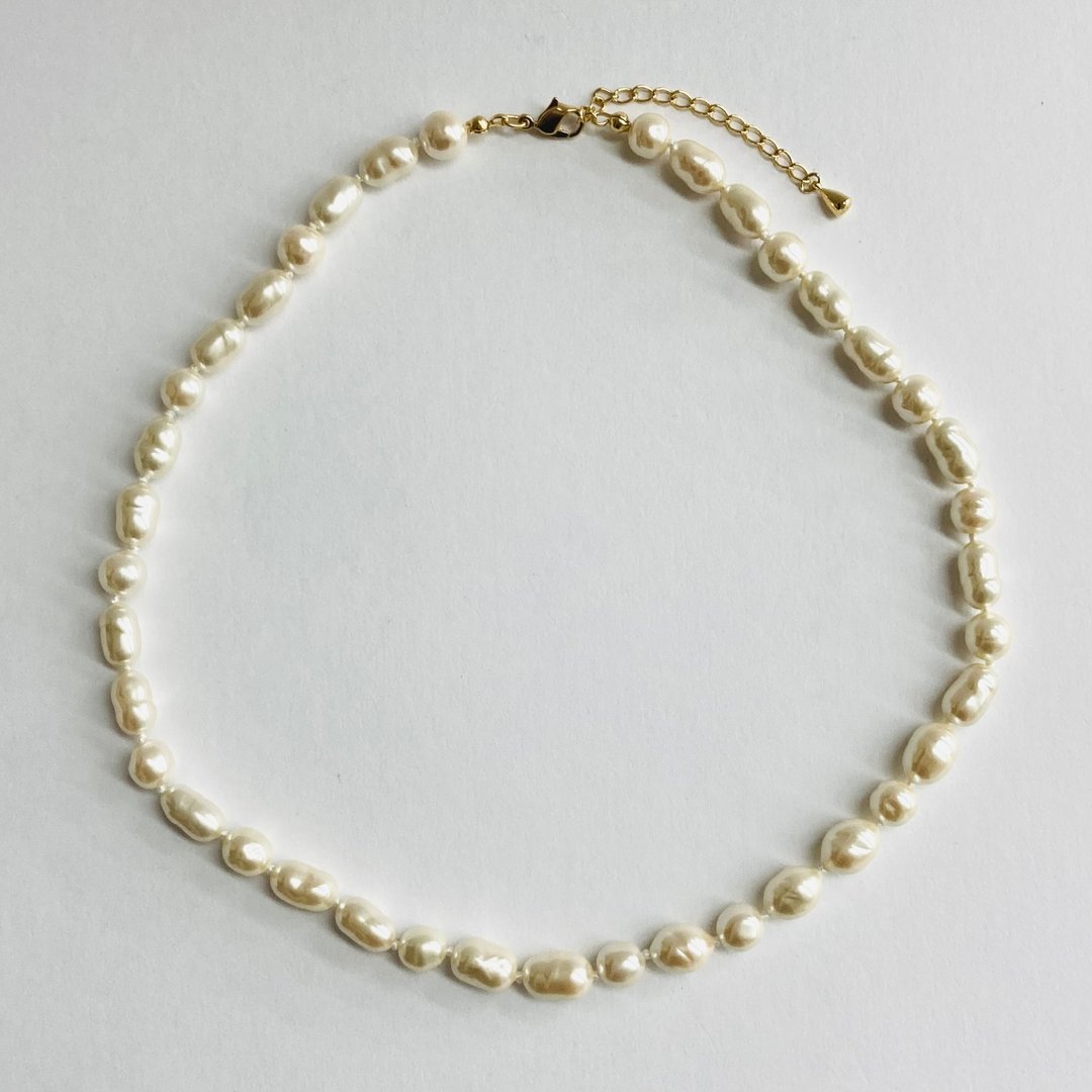 玻璃巴洛克珍珠混搭全结式项链 / 约8mm, 约45cm / 奶油色 / G / 日本制造 - 项链 - 玻璃 白色