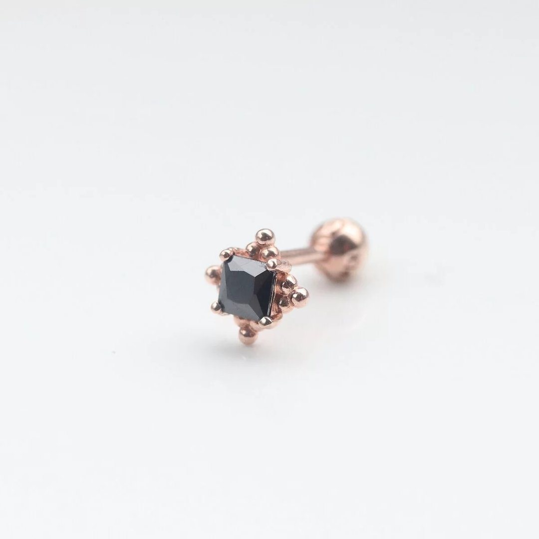 14K 菱形珠珠黑钻锁珠耳环 (单个)耳骨 耳窝 不退色 - 耳环/耳夹 - 贵金属 金色