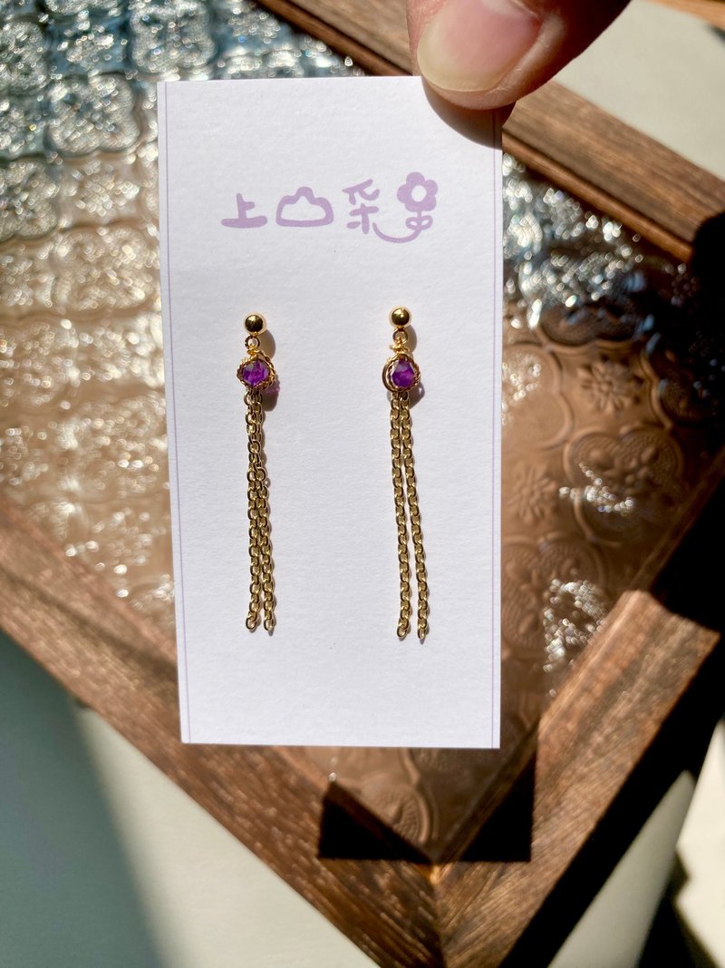 钻切紫水晶 长坠链 修饰脸型 耳环 耳针 天然石 14K 配件 改夹 - 耳环/耳夹 - 宝石 紫色