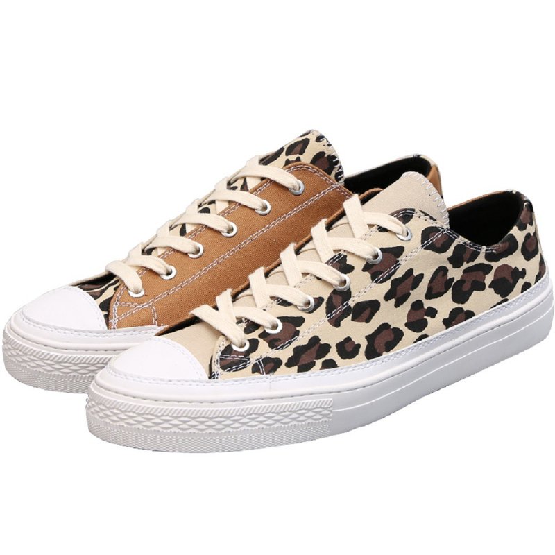 卡其豹纹拼色 夏季低帮 帆布鞋 休闲鞋 - 男款休闲鞋 - 棉．麻 卡其色