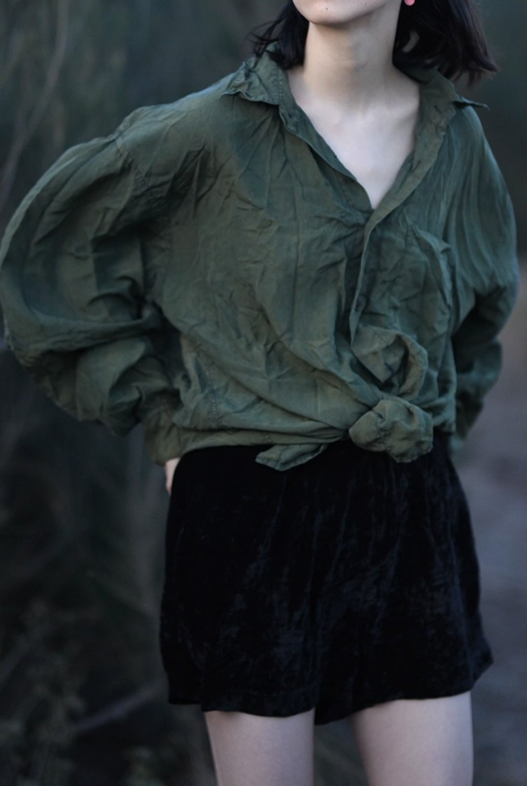 青绿 文艺复古 真丝植物染衬衫 寬鬆休闲衬衣 - 女装上衣 - 其他材质 绿色