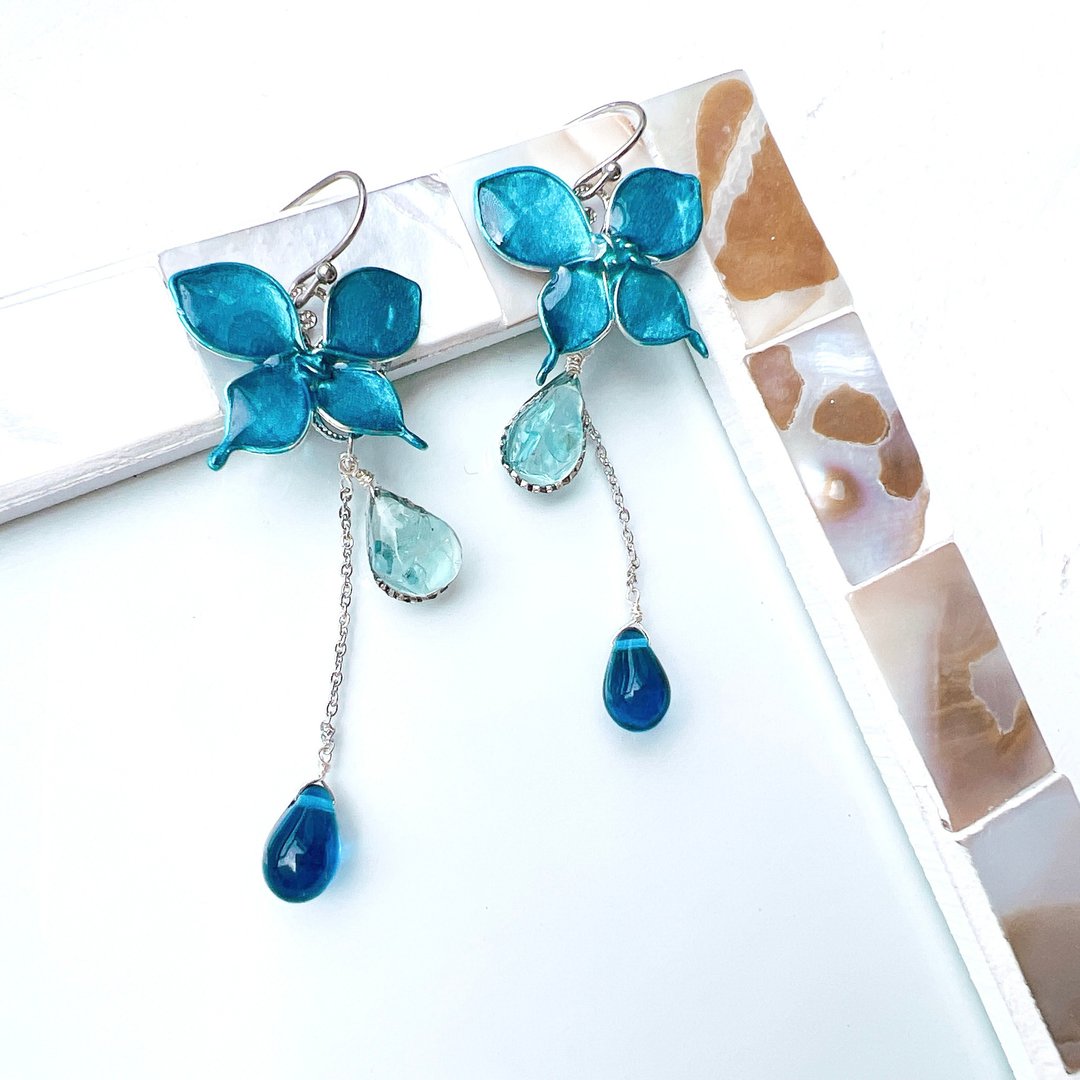 蝶恋结缘 滴胶艺术耳夹 (天然石 apatite 滴珠) 医疗级不锈钢 316_ 0038 - 耳环/耳夹 - 半宝石 蓝色