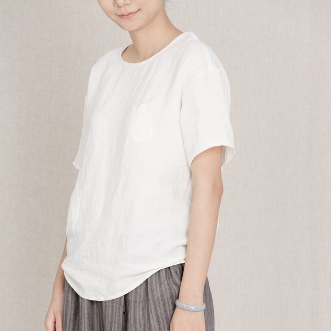 不服 基本款亚麻套头短袖纯色口袋T恤 白SH161018W - 女装衬衫 - 棉 白色