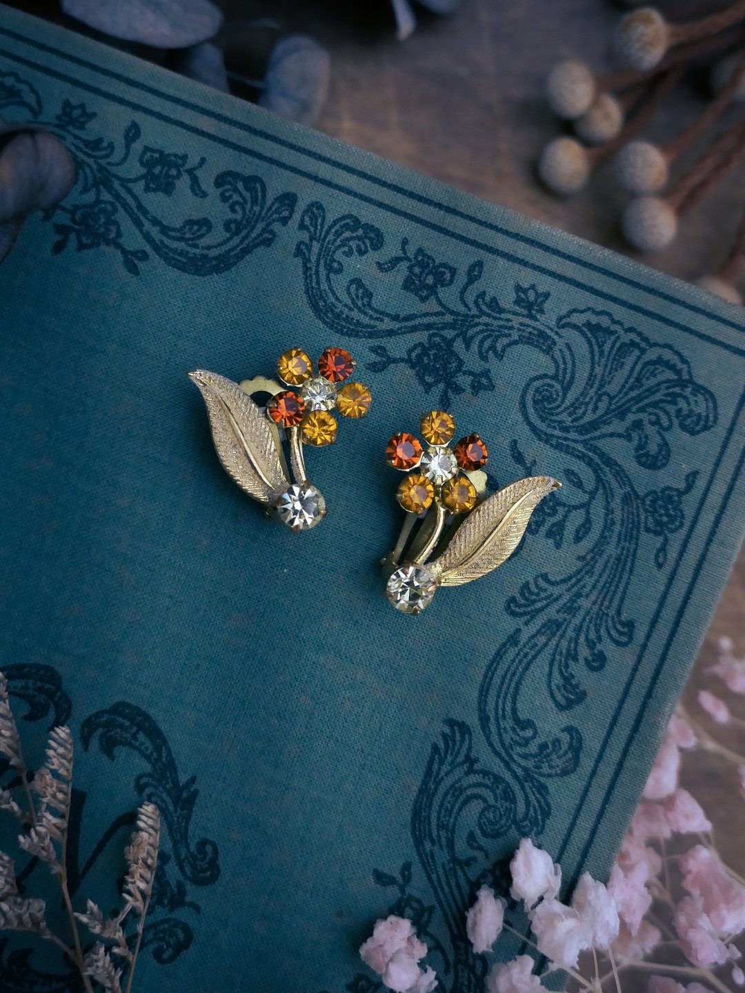 奥地利 琥珀色勿忘我压纹金叶耳环 欧洲古董首饰 Vintage Jewelry - 耳环/耳夹 - 其他金属 