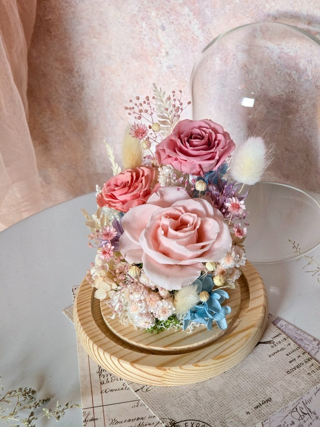 玻璃花钟 粉紫蓝配色 不凋花 永生花 干燥花生日礼物长型玻璃钟罩 - 干燥花/捧花 - 植物．花 多色