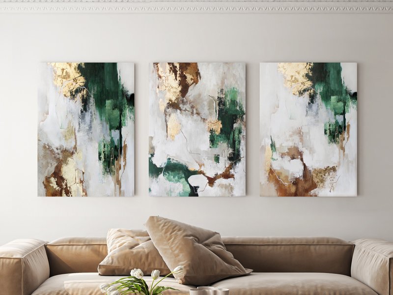 绿色与金色绘画 | 三联画抽象墙 | Green Flux 3 件套 - 墙贴/壁贴 - 棉．麻 绿色