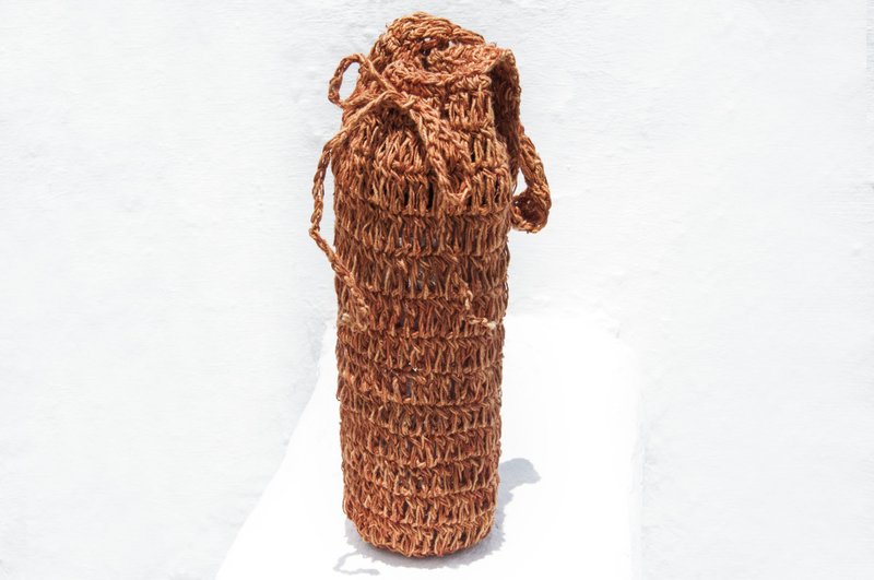 手工麻绳水壶袋/手工麻线水壶袋/保温瓶袋/饮料提袋-棉麻橘色(大) - 随行杯提袋/水壶袋 - 棉．麻 橘色