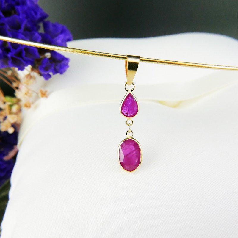 18K小贵妇系列 || 水滴椭圆切割红宝石坠 || 黄K色 小巧秀气坠 - 项链 - 贵金属 红色