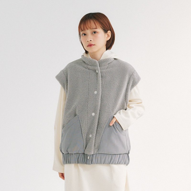 【Simply Yours】羊羔毛拼接背心 灰F - 女装背心 - 棉．麻 灰色