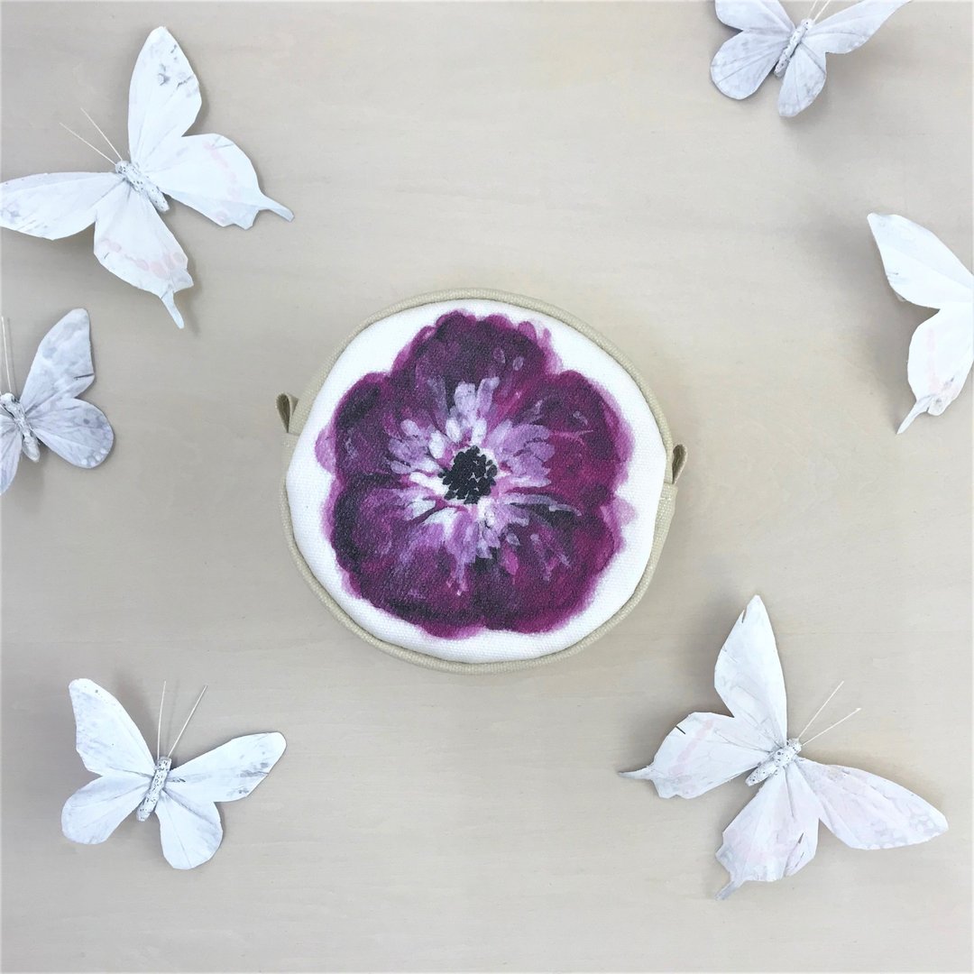NEW Bloom Flower Circle Pouch Flower lover Pattern Purple - 化妆包/杂物包 - 棉 紫色