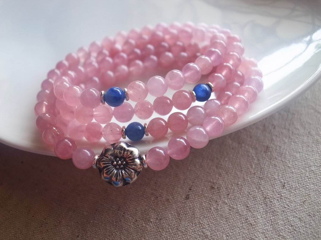 ORLI Jewelry♡♡天然马达加斯加粉晶108颗念珠X多圈手链♡纯银花朵♡天然石♡天然水晶♡Rose Quartz - 手链/手环 - 宝石 粉红色