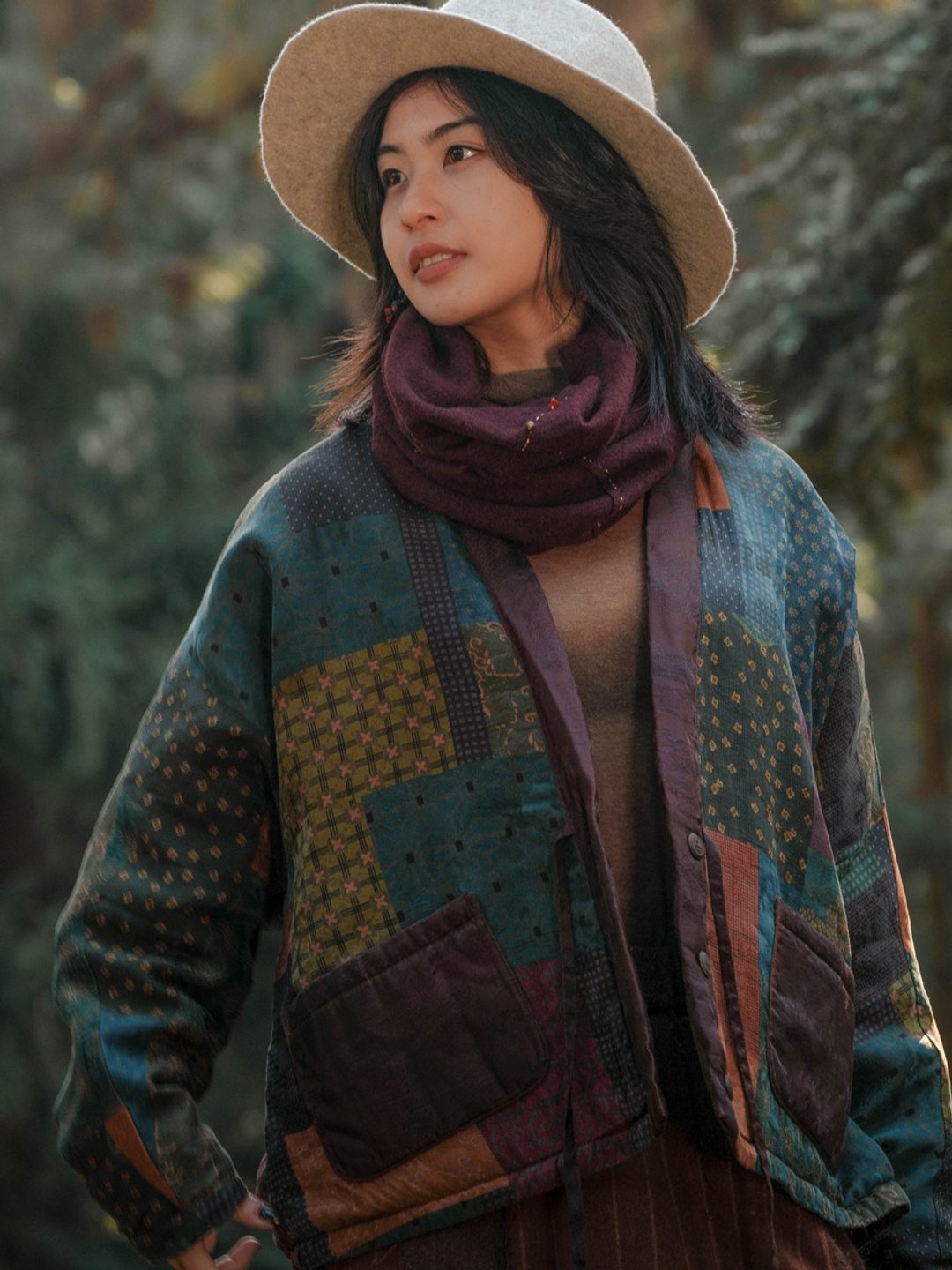 百衲青梅 日式印花香雲紗棉襖棉外套 秋冬棉棉服 - 女装休闲/机能外套 - 羊毛 红色