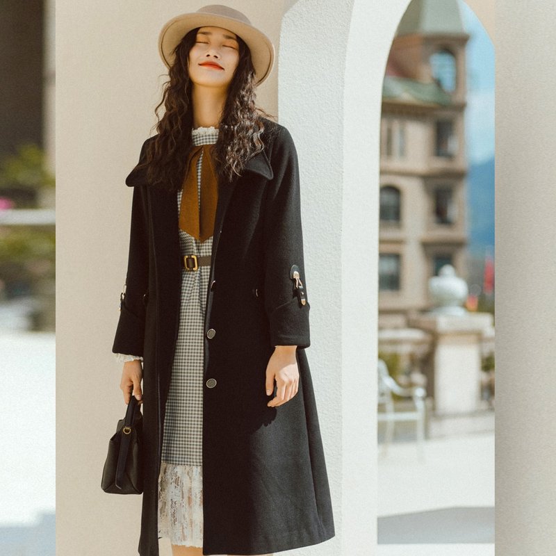 赫本风毛呢大衣  女长款冬季宽松气质黑色外套 - 女装上衣 - 聚酯纤维 