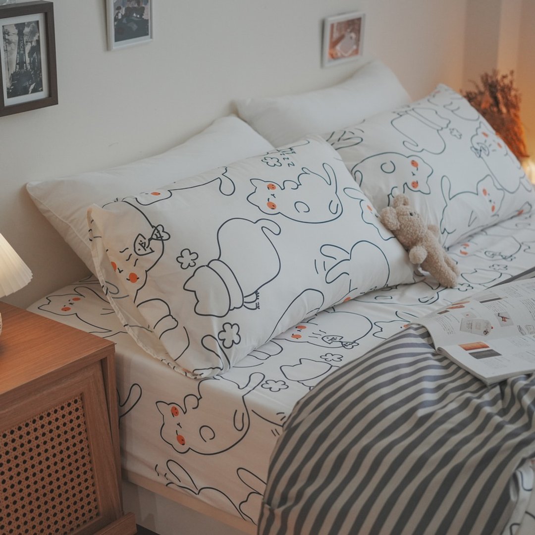 圆圆猫  四季磨毛布 台湾制造 【超取限一组】 - 寝具 - 聚酯纤维 白色