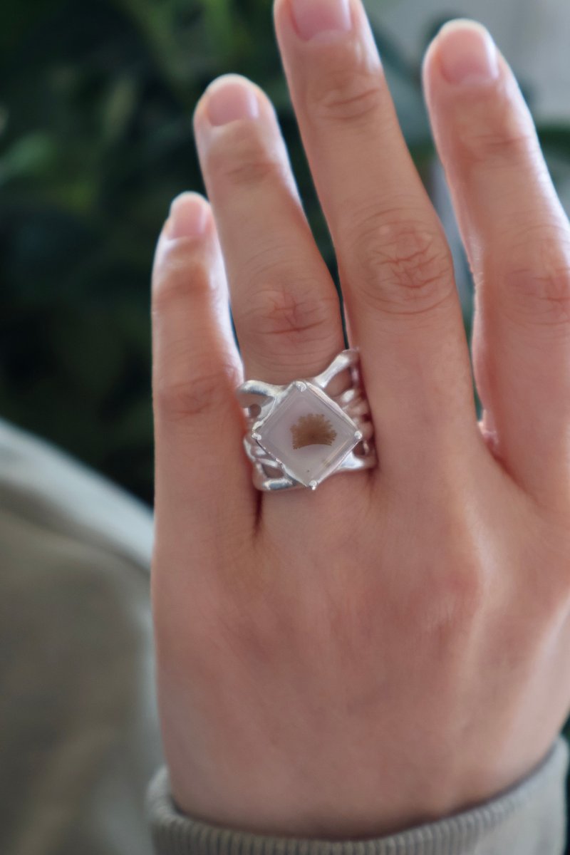 原创手工 990银镶嵌海洋玉髓纯银指环宽面开口戒指 - 戒指 - 纯银 银色