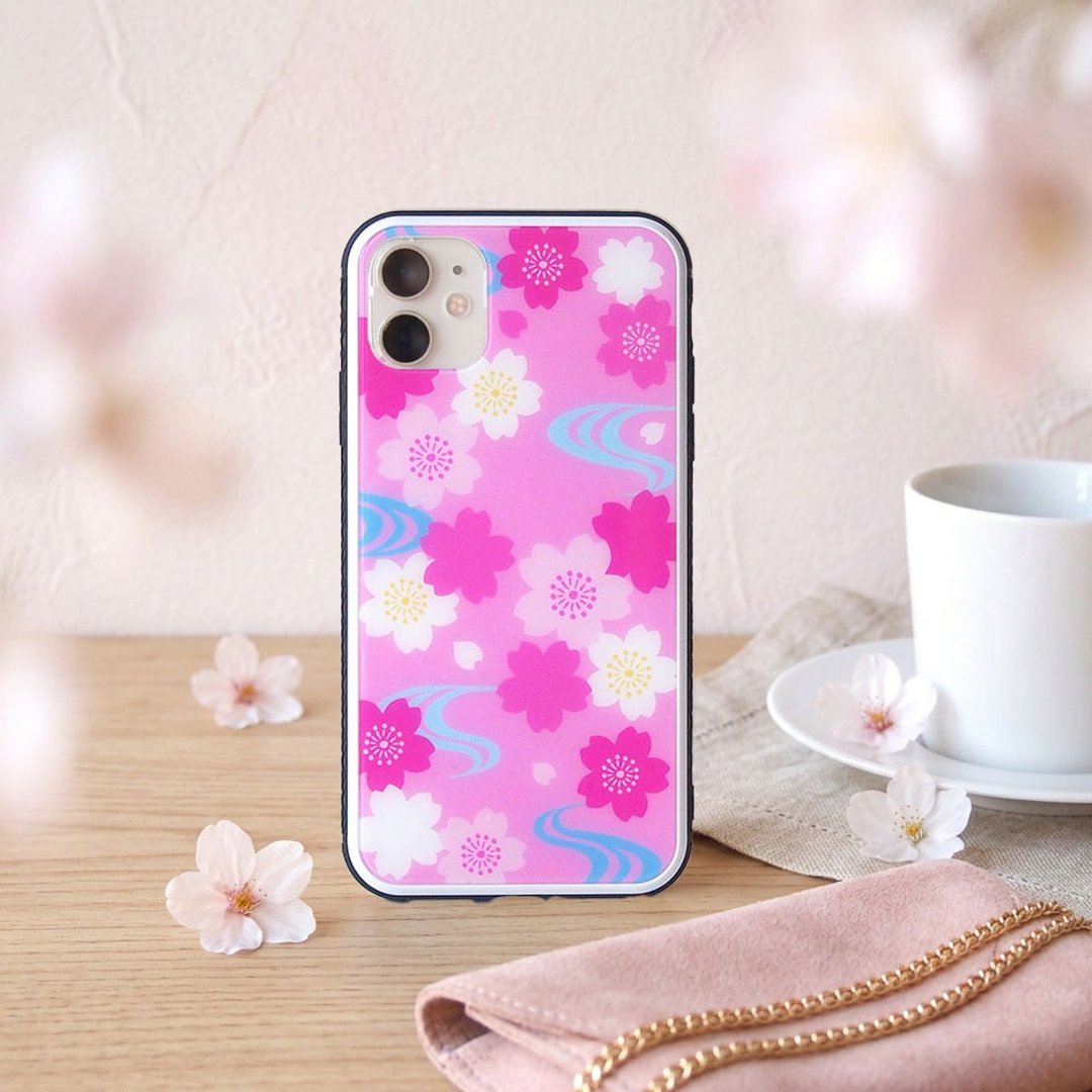 【强化玻璃 iPhone 手机壳】樱花与流水纹样 - 手机壳/手机套 - 塑料 粉红色