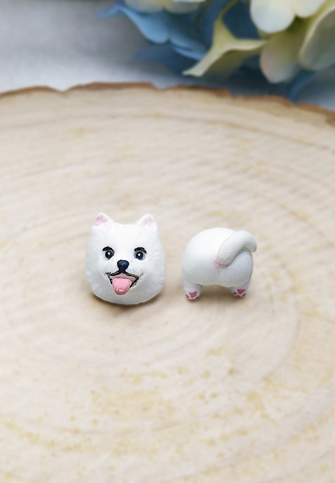 全手作 白色 松鼠狗耳环 博美犬耳环 防敏感耳针 耳钉/耳夹 - 耳环/耳夹 - 粘土 透明