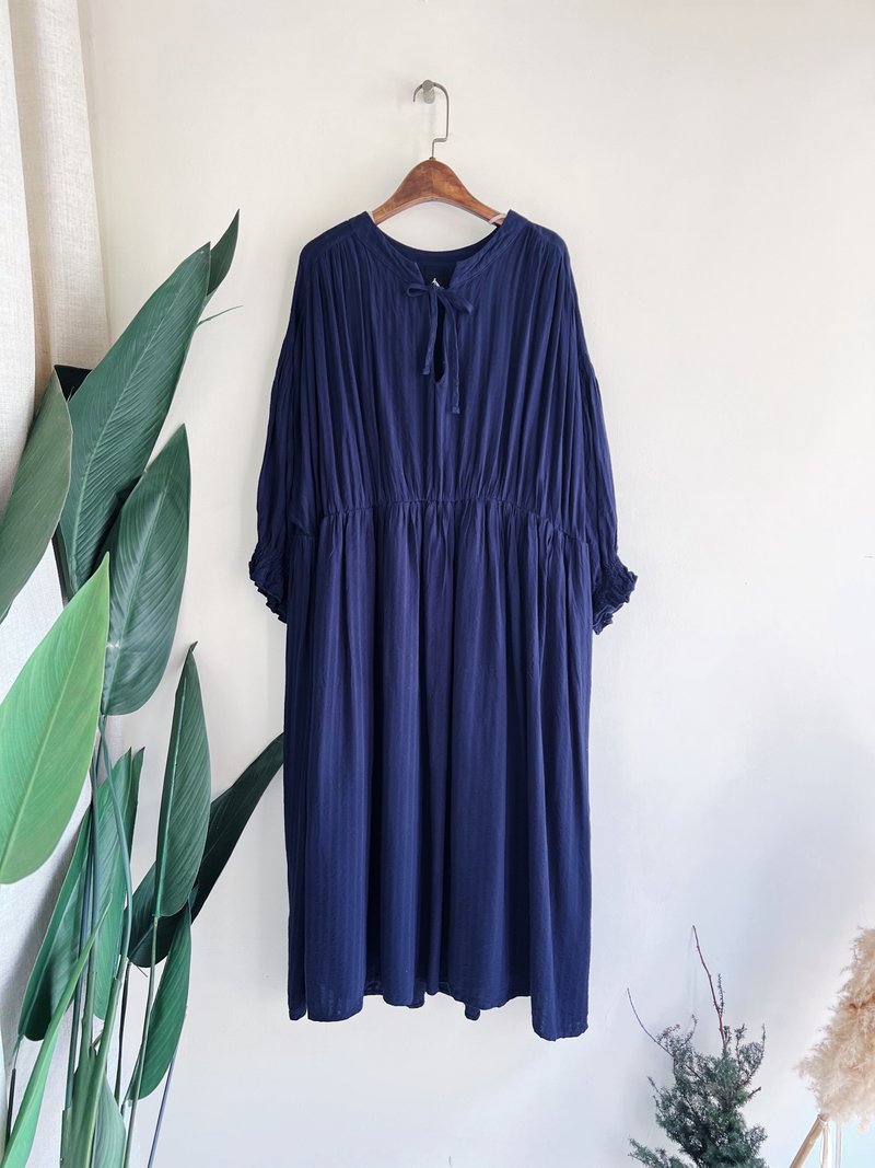 深海蓝纯丝质垂坠宽松无尺寸 长裙洋装连身裙古着 ドレス Dress - 洋装/连衣裙 - 丝．绢 蓝色