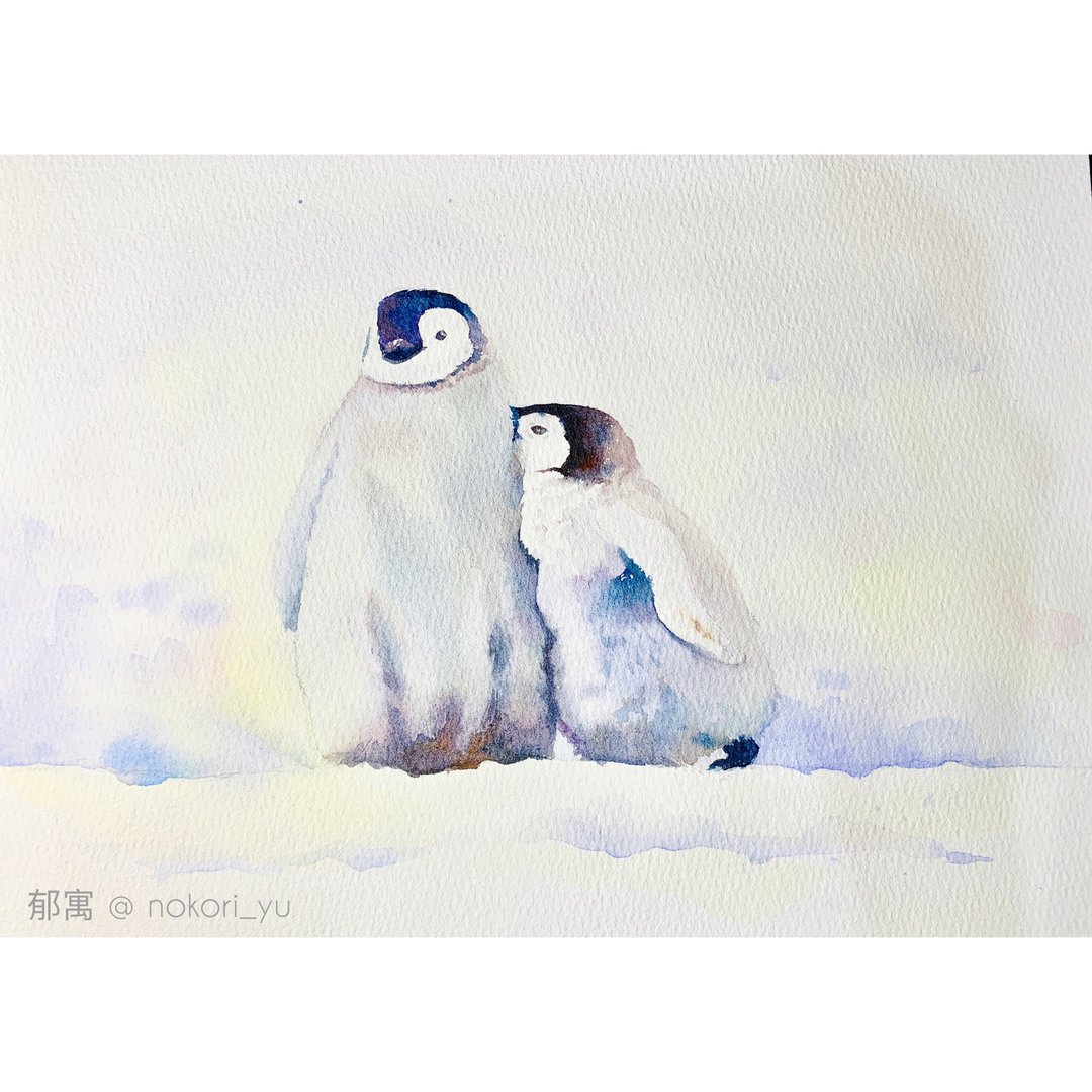 郁寓 水彩画 依偎企鹅 可订制水彩小品 水彩 水彩作品 装饰画 - 海报/装饰画/版画 - 纸 灰色