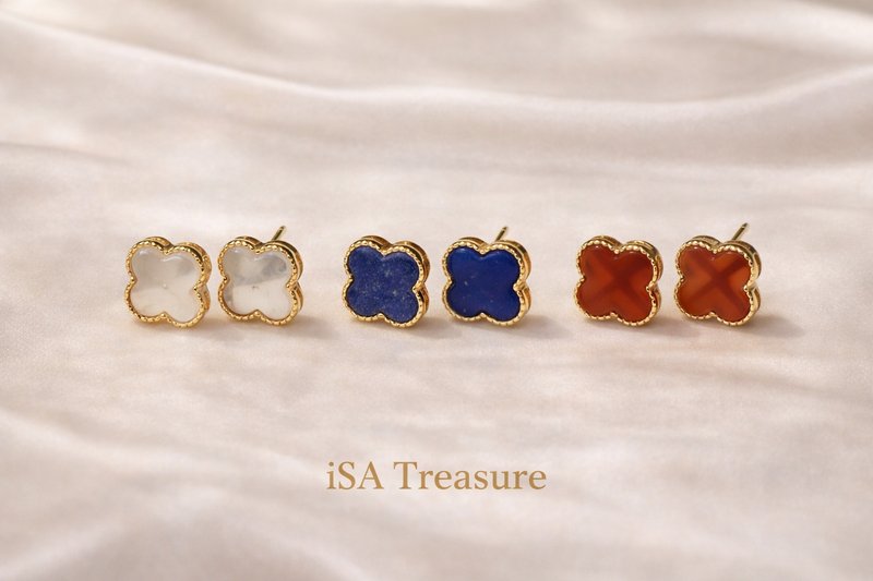四叶幸运草耳钉  白贝母・青金石・红玛瑙 - 耳环/耳夹 - 玉石 粉红色