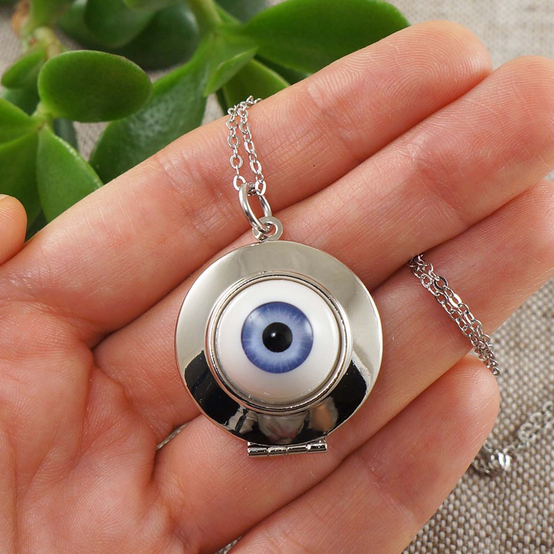 Blue Human Eye Evil Eye Silver Photo Locket Protection Pendant Necklace Jewelry - 项链 - 其他材质 蓝色
