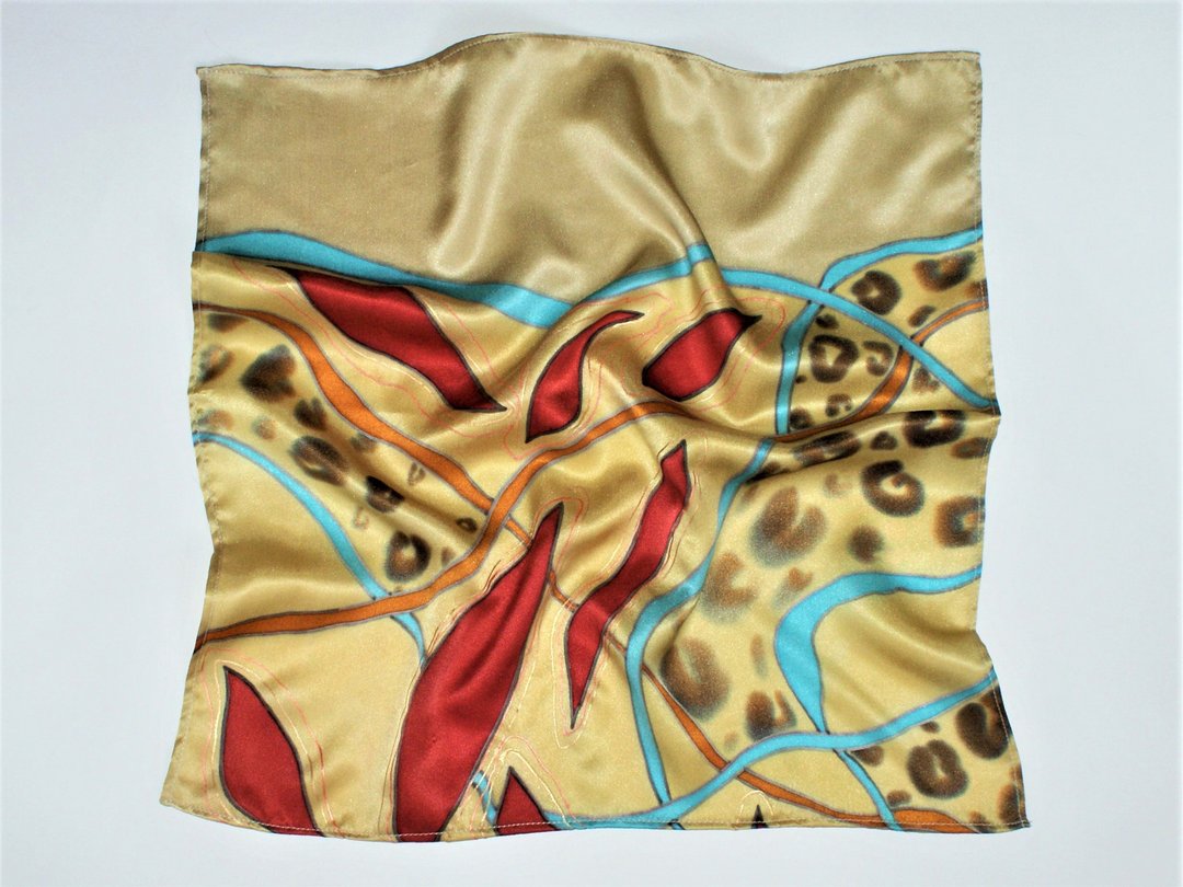 Small square silk neck scarf Red and gold silk scarf hand painted batik - 丝巾 - 丝．绢 金色
