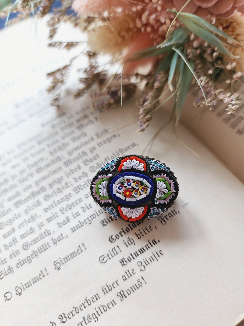 美国西洋古董饰品/ 意大利微型马赛克十字样式花卉椭圆胸针/别针 - 胸针 - 其他材质 