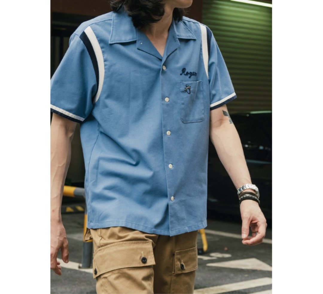 NON STOCK 复古保龄球衬衫 古巴领 1960s 刺绣 顶级混纺 Shirt - 男装衬衫 - 其他材质 蓝色