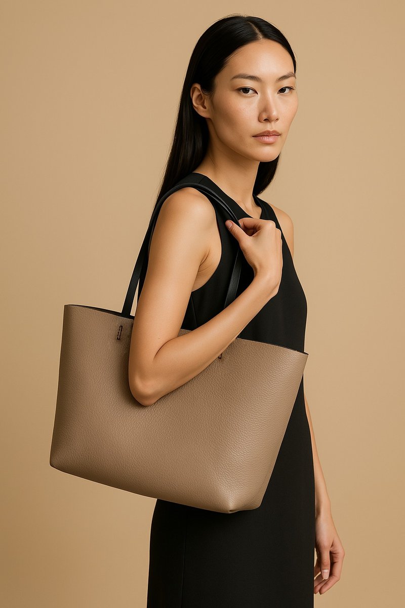 zemoneni 手作 托特包 侧背包 tote bag 栗灰配黑 - 侧背包/斜挎包 - 真皮 卡其色