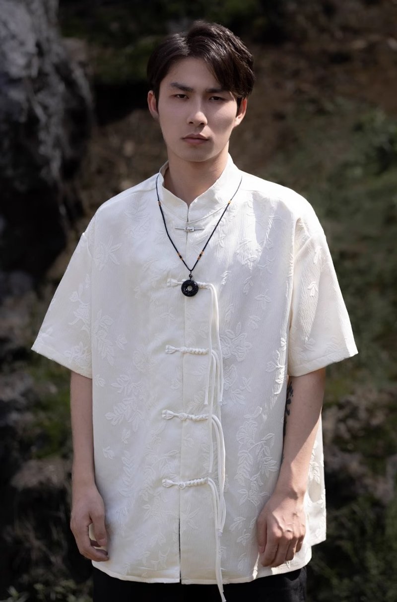 新中式复古 盘扣立领短袖衬衫 - 男装衬衫 - 其他材质 白色