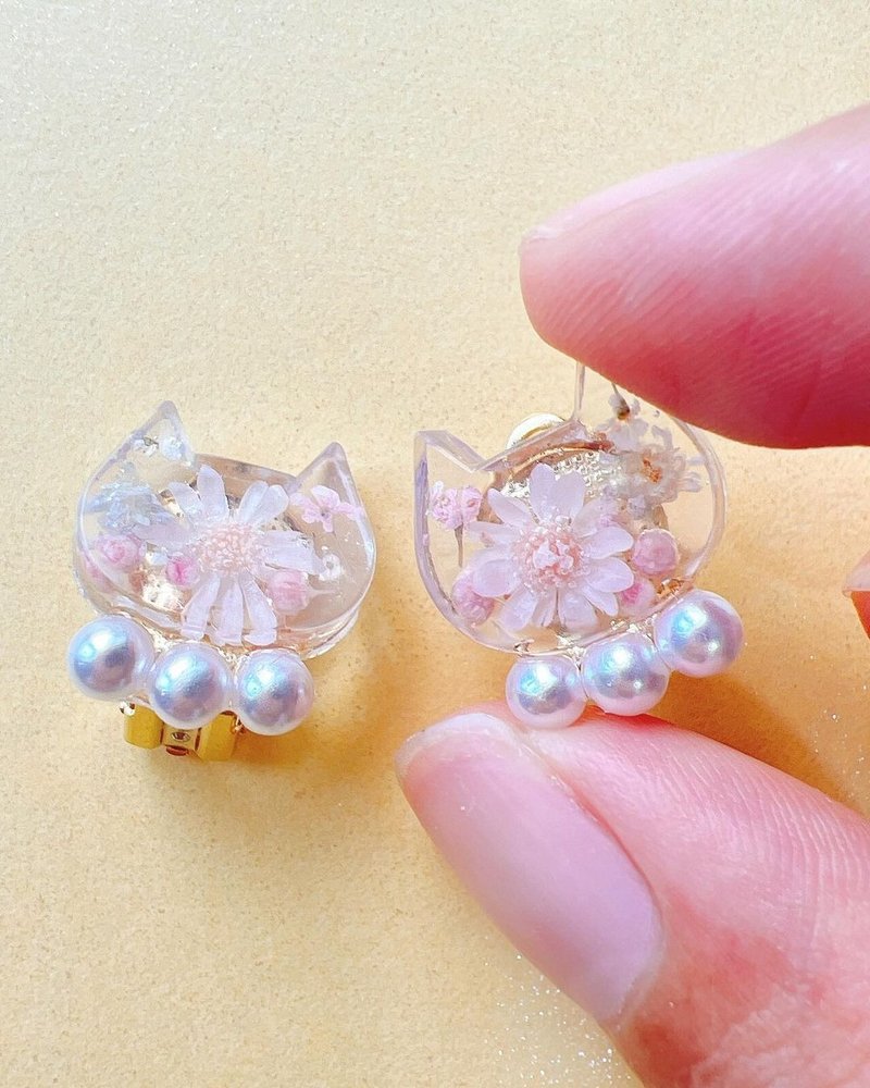 优雅的珍珠猫猫耳环/耳饰 - 耳环/耳夹 - 其他材质 粉红色