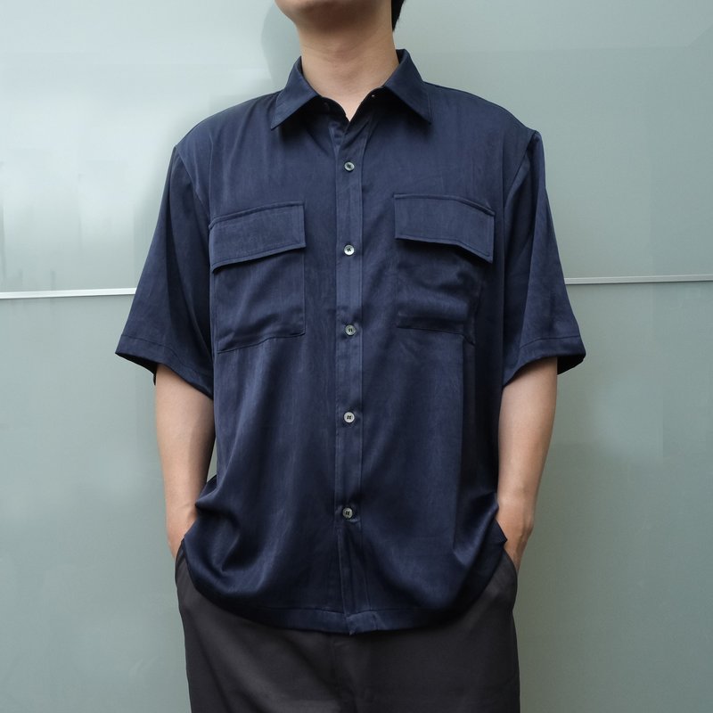KAIKAI - AEON - 暗纹双口袋短袖衬衫 - 男装衬衫 - 聚酯纤维 蓝色