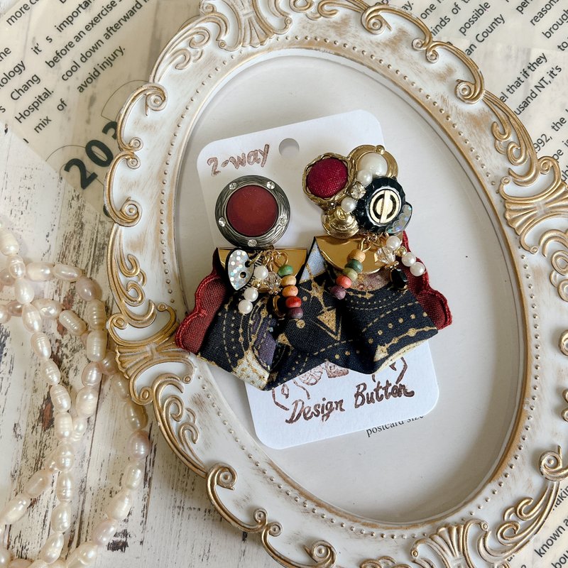 wow handmade 2-way 红宝影像钮扣 ×布褶耳环 - 耳环/耳夹 - 其他材质 