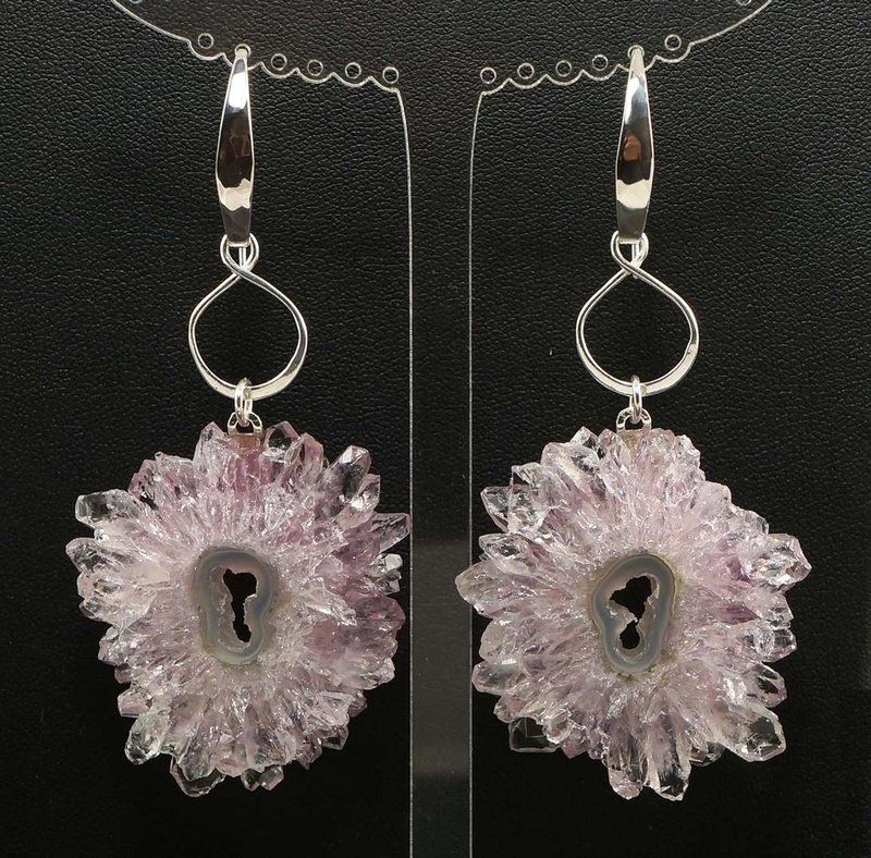 紫水晶钟乳石切片 晶簇 紫色 丁香 薰衣草色 耳环 宝饰 - 耳环/耳夹 - 宝石 紫色