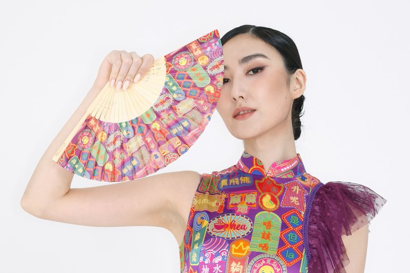 POLA 潮语印花中式折扇 - 扇子 - 竹 紫色