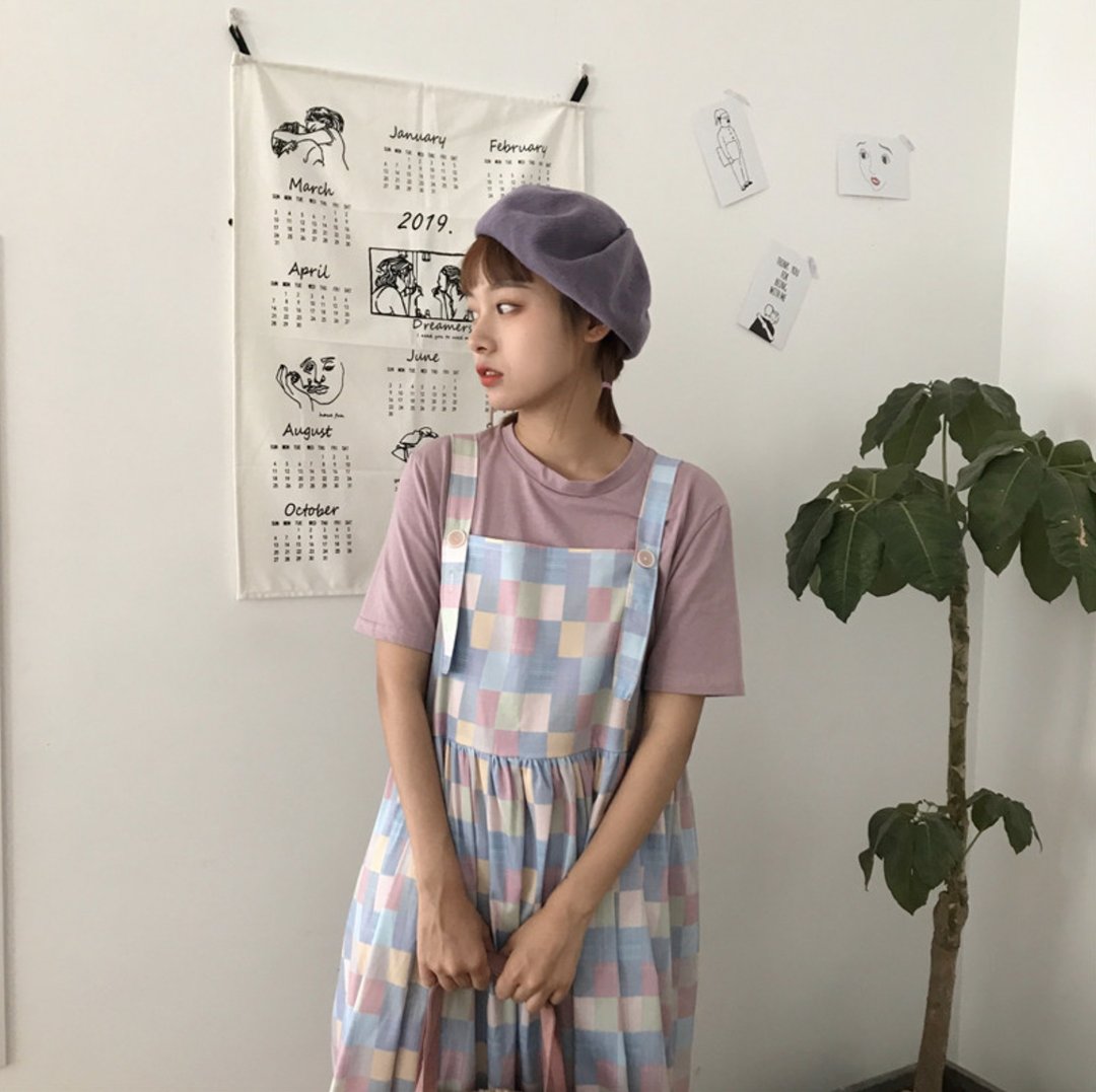 学院风 马卡龙色 清新格子高腰吊带裙 寬鬆 - 洋装/连衣裙 - 棉 多色