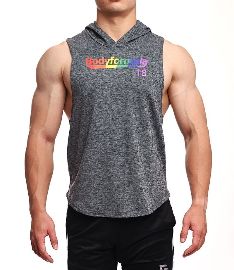 【彩虹限定】Actiflex超弹透气-Proud Forever下弧连帽背心-麻灰 - 男装背心 - 聚酯纤维 灰色