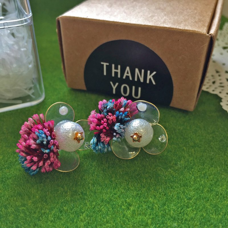 棉花珍珠 不凋花 撞色 透明感 异材质 手作耳环 - 耳环/耳夹 - 植物．花 多色