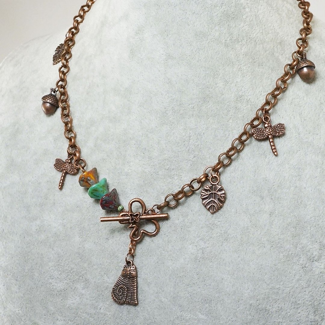 Copper Cat Necklace Green Czech Glass Kitten Multi Charm Chain Necklace Jewelry - 项链 - 玻璃 咖啡色