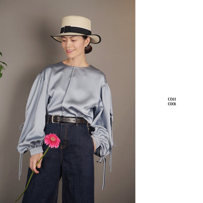 COLE COOL SS23 日式高质雾蓝色绑结衬衣 - 女装衬衫 - 其他材质 蓝色