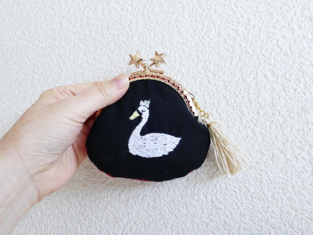Embroidered mini embroidery star mouthpiece swan black x tartan check - 零钱包 - 棉 黑色