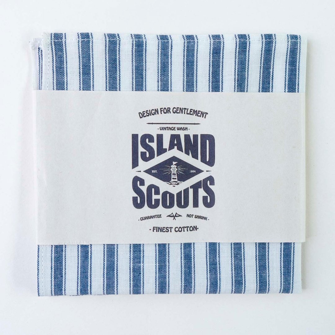 ISLAND SCOUTS 男复古条子领口巾／手帕 ，日本进口老机织全棉面料 - 其他 - 棉 蓝色
