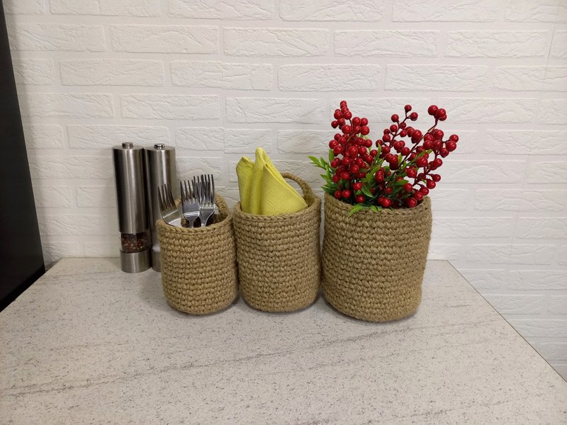 Wall hanging basket Crochet jute basket Kitchen organizer Boho - 置物架/篮子 - 环保材料 